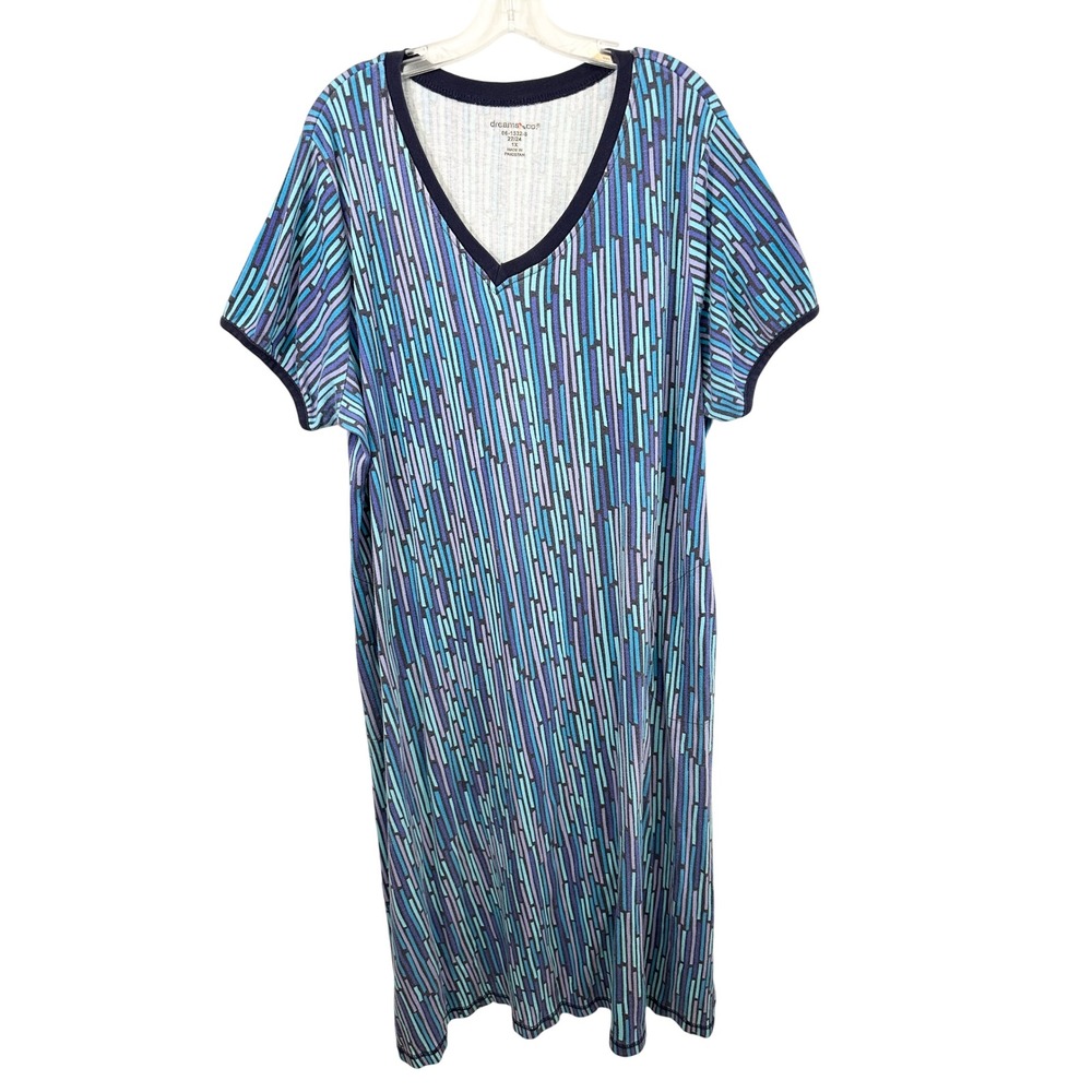 Dreams & Co Plus Size 22/24W Nightgown 1X Maxi Dress Roamans Blue Pockets 1825